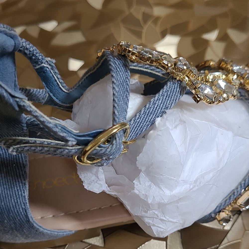Shoe Dazzle Gold Crystal & Denim Gladiator Sandals - Picture 7 of 12